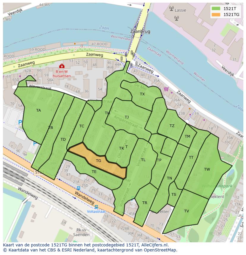 Afbeelding van het postcodegebied 1521 TG op de kaart.