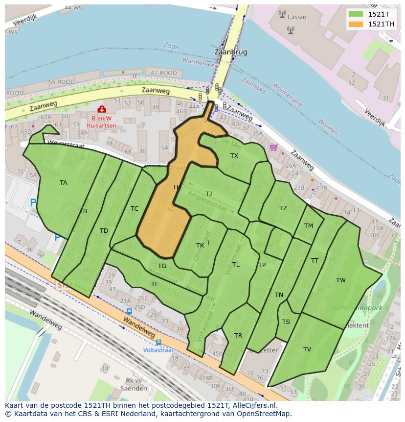 Afbeelding van het postcodegebied 1521 TH op de kaart.