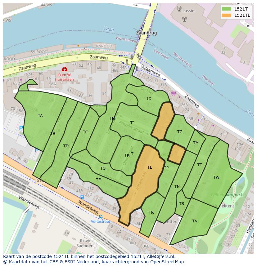 Afbeelding van het postcodegebied 1521 TL op de kaart.