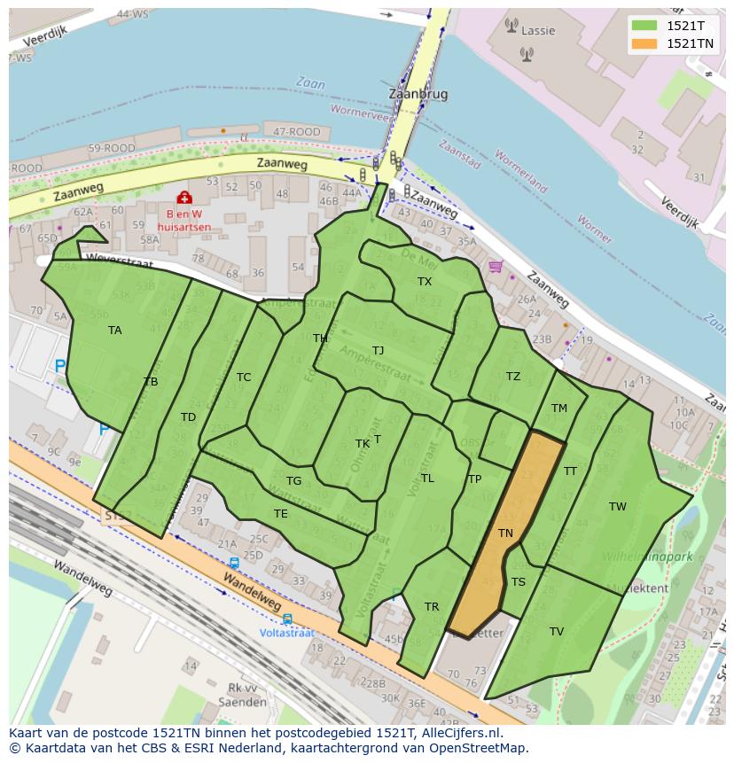 Afbeelding van het postcodegebied 1521 TN op de kaart.