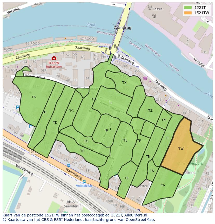 Afbeelding van het postcodegebied 1521 TW op de kaart.