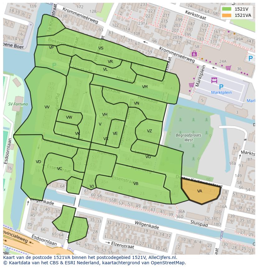 Afbeelding van het postcodegebied 1521 VA op de kaart.