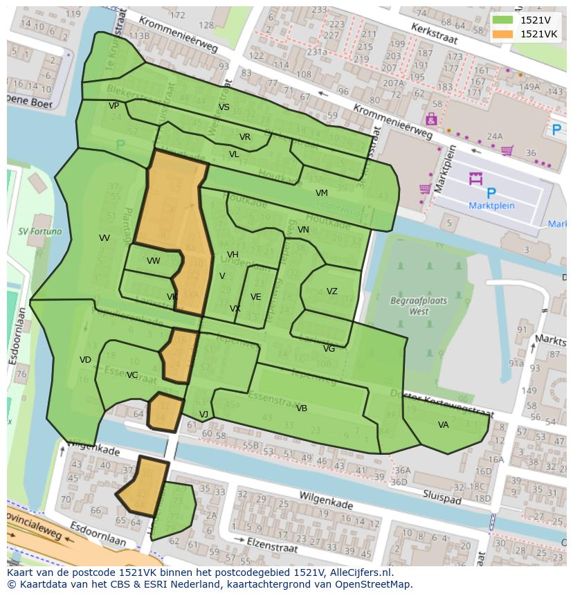 Afbeelding van het postcodegebied 1521 VK op de kaart.