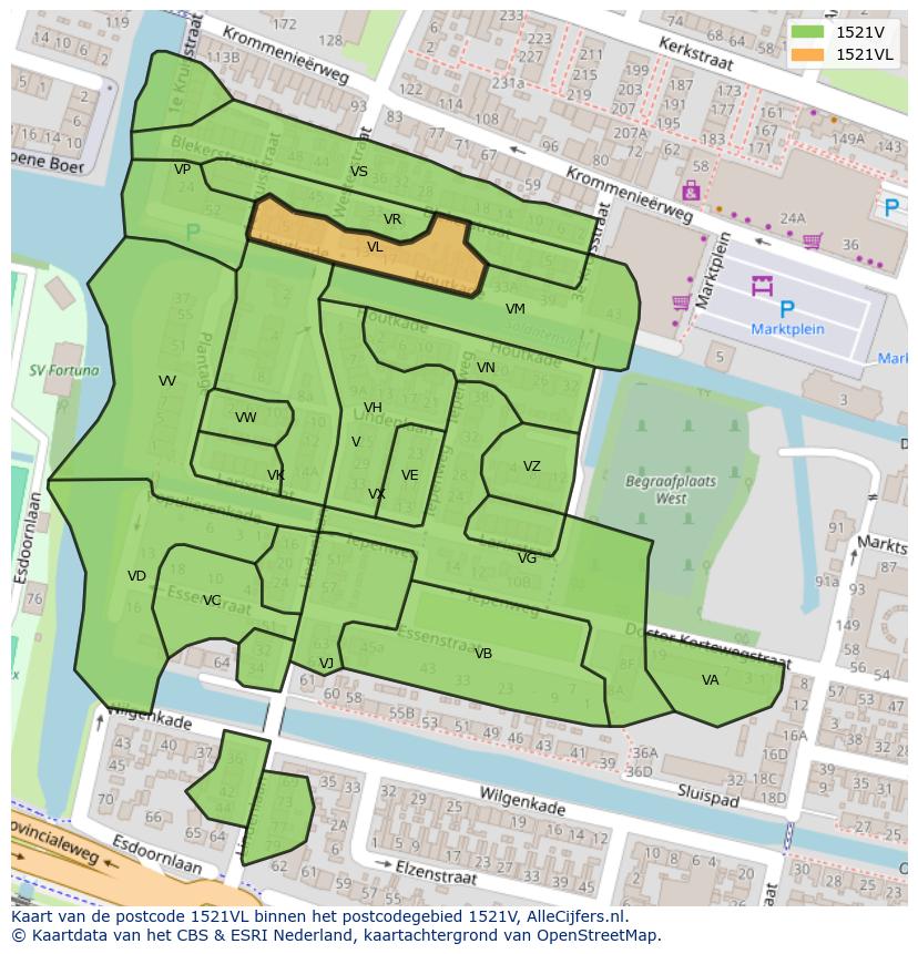 Afbeelding van het postcodegebied 1521 VL op de kaart.