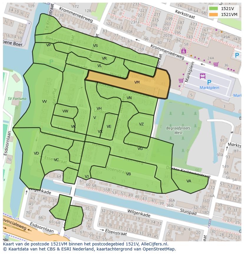 Afbeelding van het postcodegebied 1521 VM op de kaart.