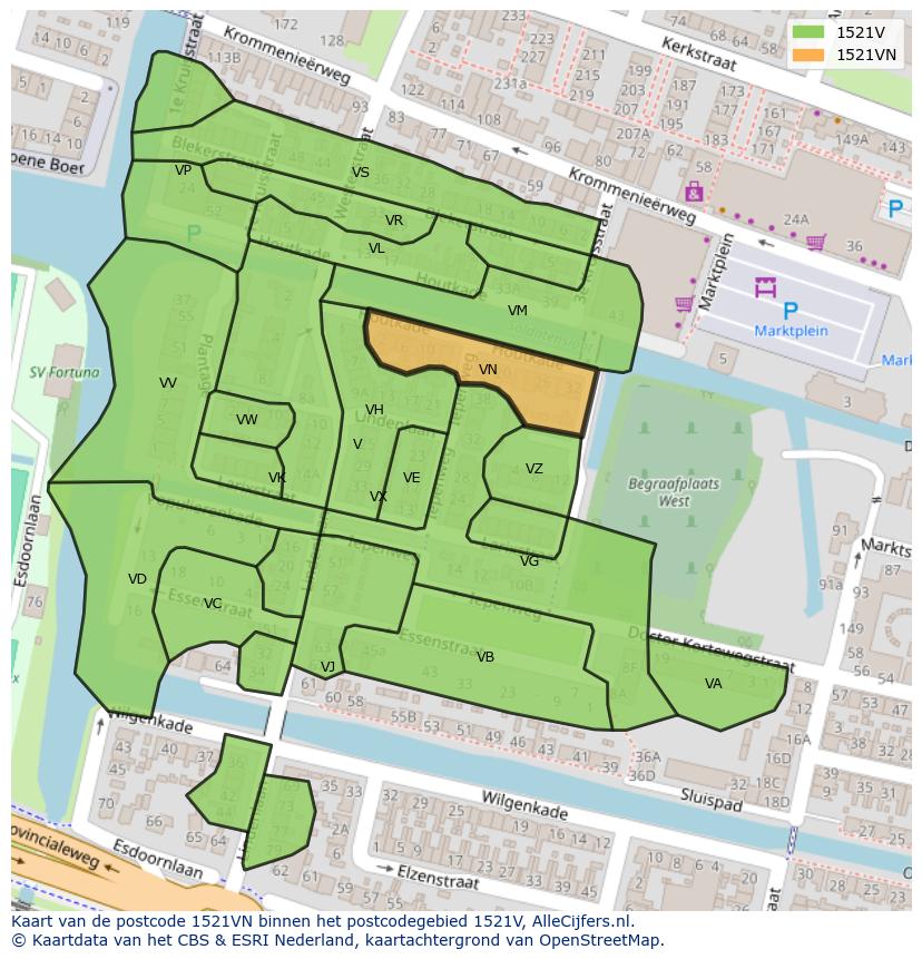 Afbeelding van het postcodegebied 1521 VN op de kaart.