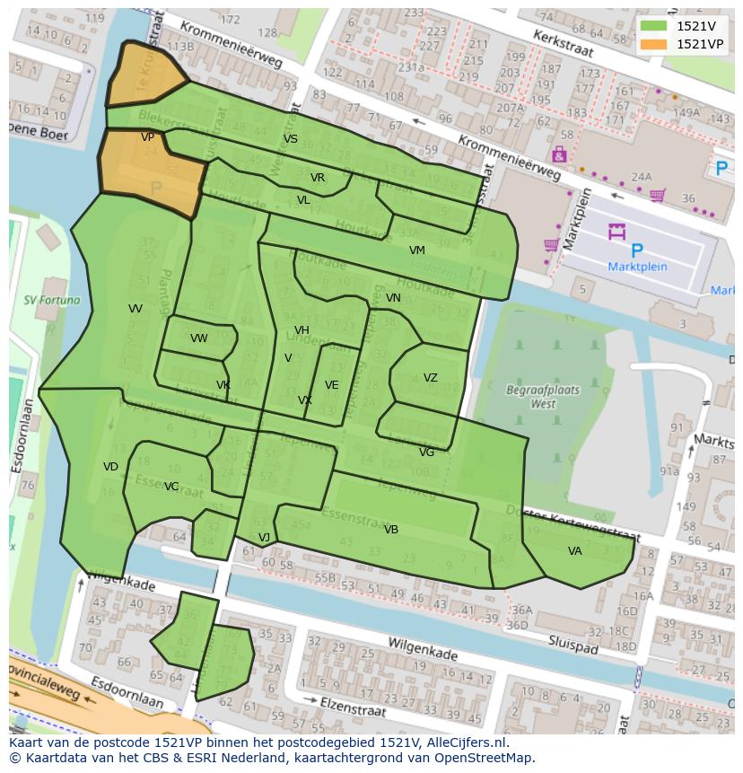 Afbeelding van het postcodegebied 1521 VP op de kaart.