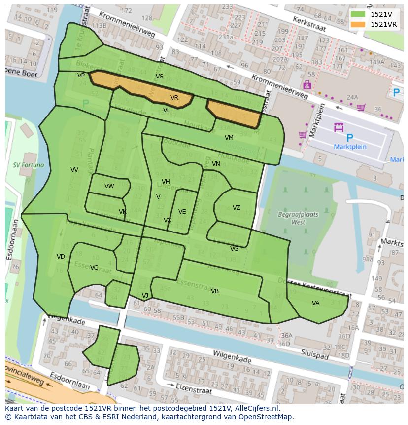 Afbeelding van het postcodegebied 1521 VR op de kaart.