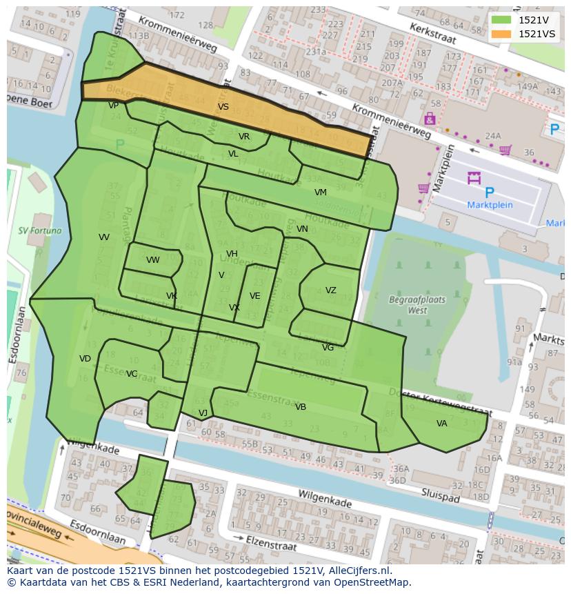 Afbeelding van het postcodegebied 1521 VS op de kaart.