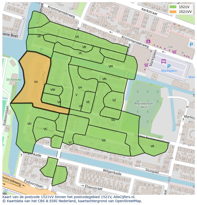 Afbeelding van het postcodegebied 1521 VV op de kaart.
