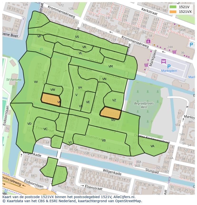 Afbeelding van het postcodegebied 1521 VX op de kaart.