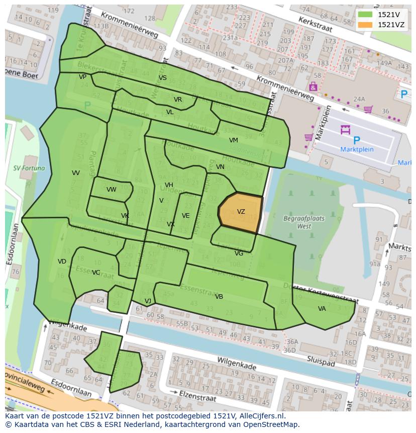 Afbeelding van het postcodegebied 1521 VZ op de kaart.