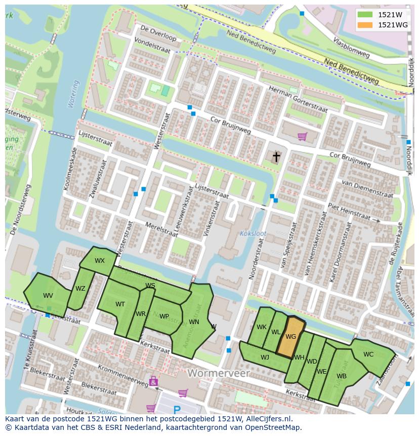 Afbeelding van het postcodegebied 1521 WG op de kaart.