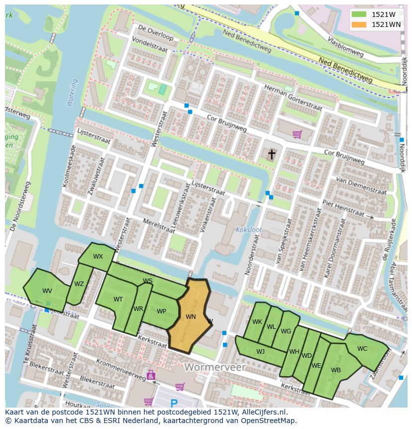 Afbeelding van het postcodegebied 1521 WN op de kaart.