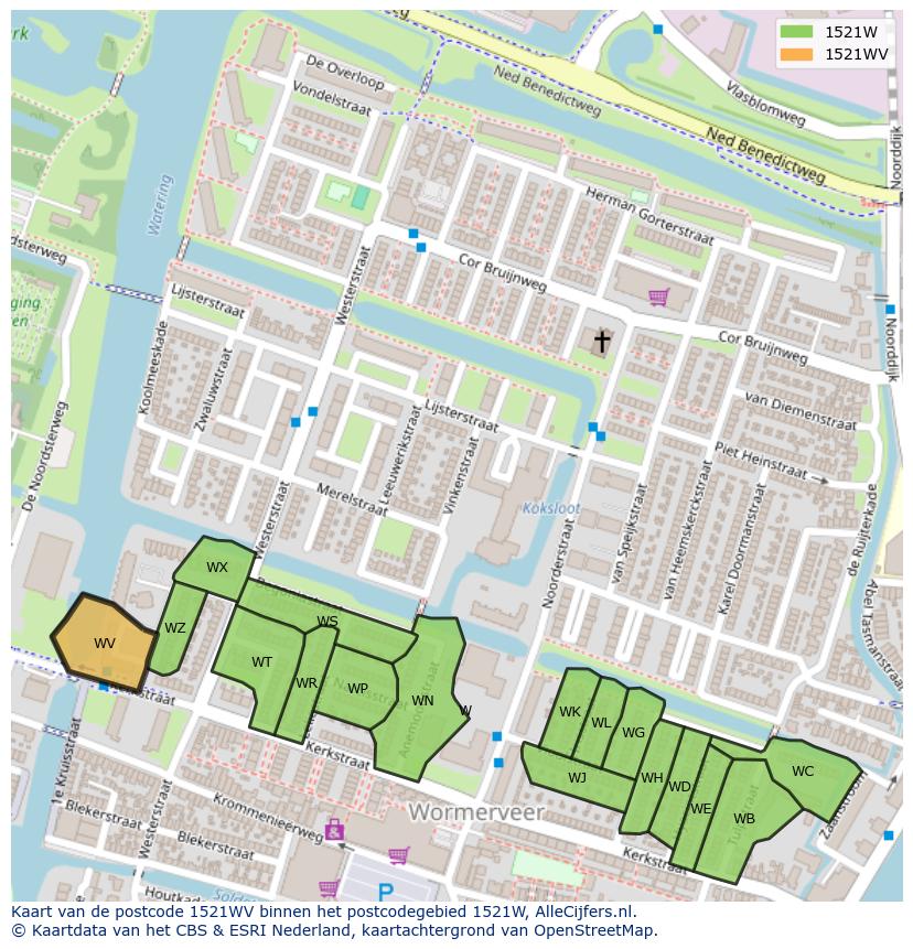 Afbeelding van het postcodegebied 1521 WV op de kaart.