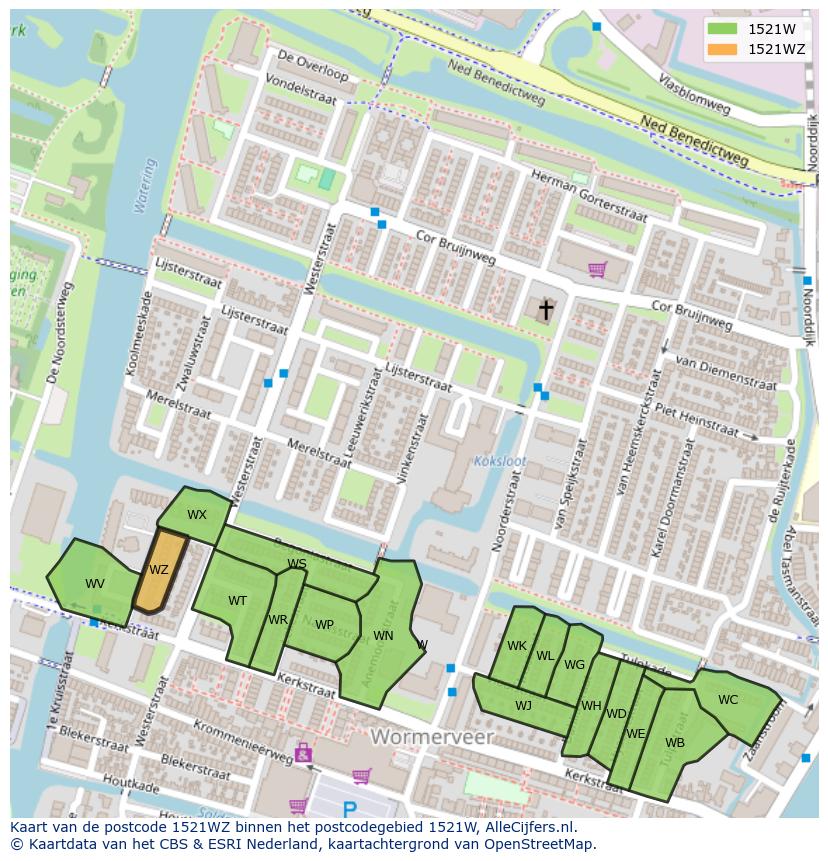 Afbeelding van het postcodegebied 1521 WZ op de kaart.