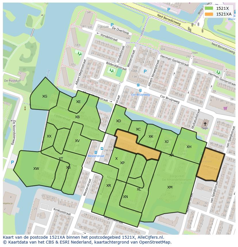 Afbeelding van het postcodegebied 1521 XA op de kaart.