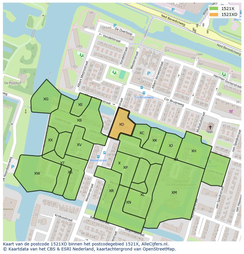 Afbeelding van het postcodegebied 1521 XD op de kaart.