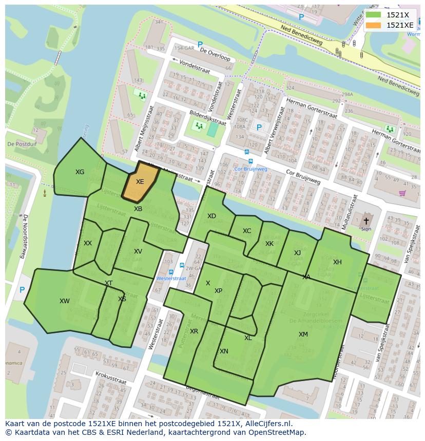Afbeelding van het postcodegebied 1521 XE op de kaart.