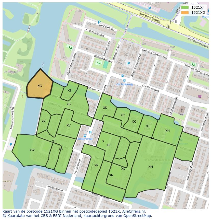 Afbeelding van het postcodegebied 1521 XG op de kaart.