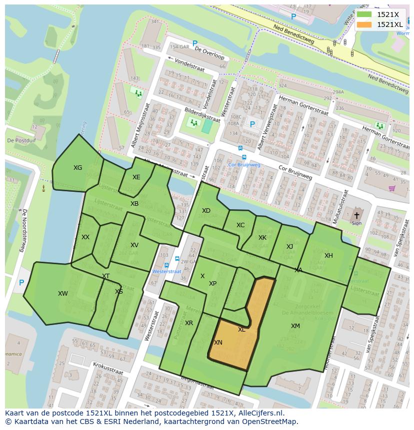 Afbeelding van het postcodegebied 1521 XL op de kaart.