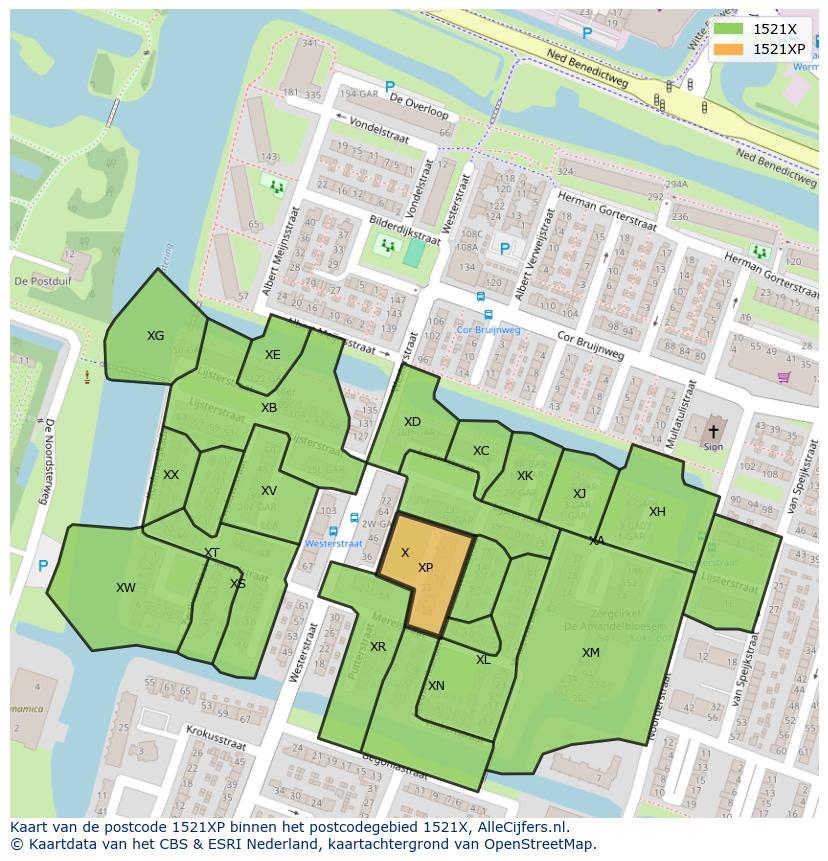 Afbeelding van het postcodegebied 1521 XP op de kaart.