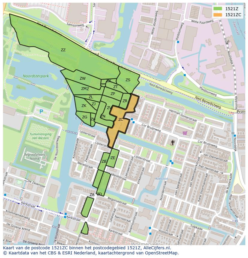 Afbeelding van het postcodegebied 1521 ZC op de kaart.