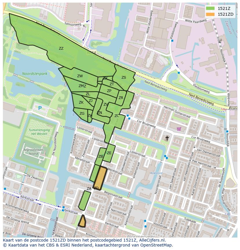 Afbeelding van het postcodegebied 1521 ZD op de kaart.