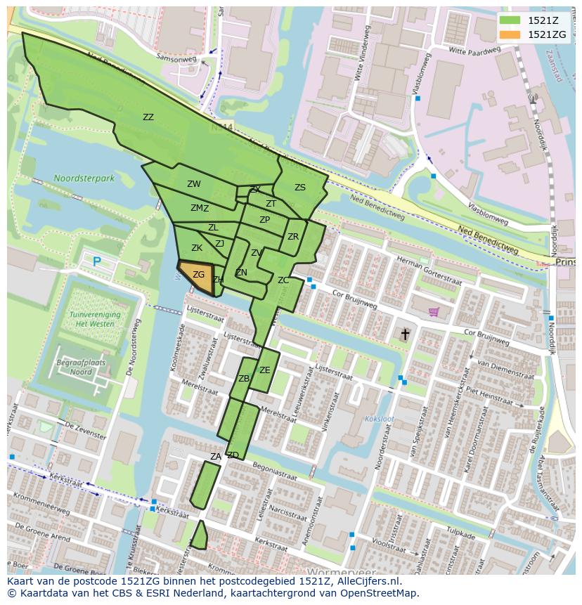 Afbeelding van het postcodegebied 1521 ZG op de kaart.