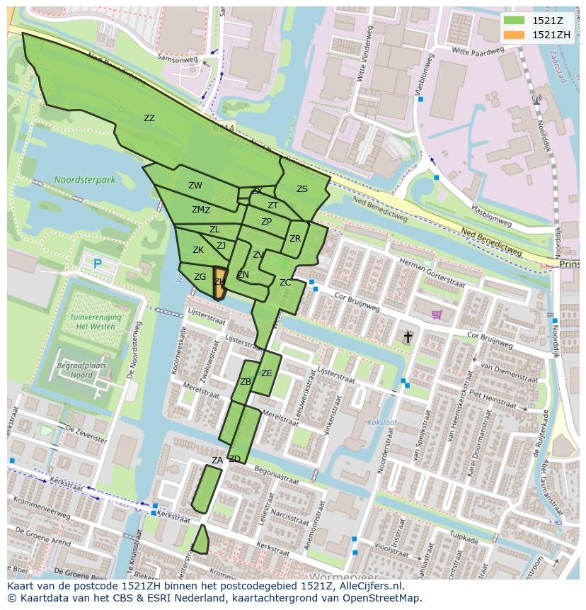 Afbeelding van het postcodegebied 1521 ZH op de kaart.
