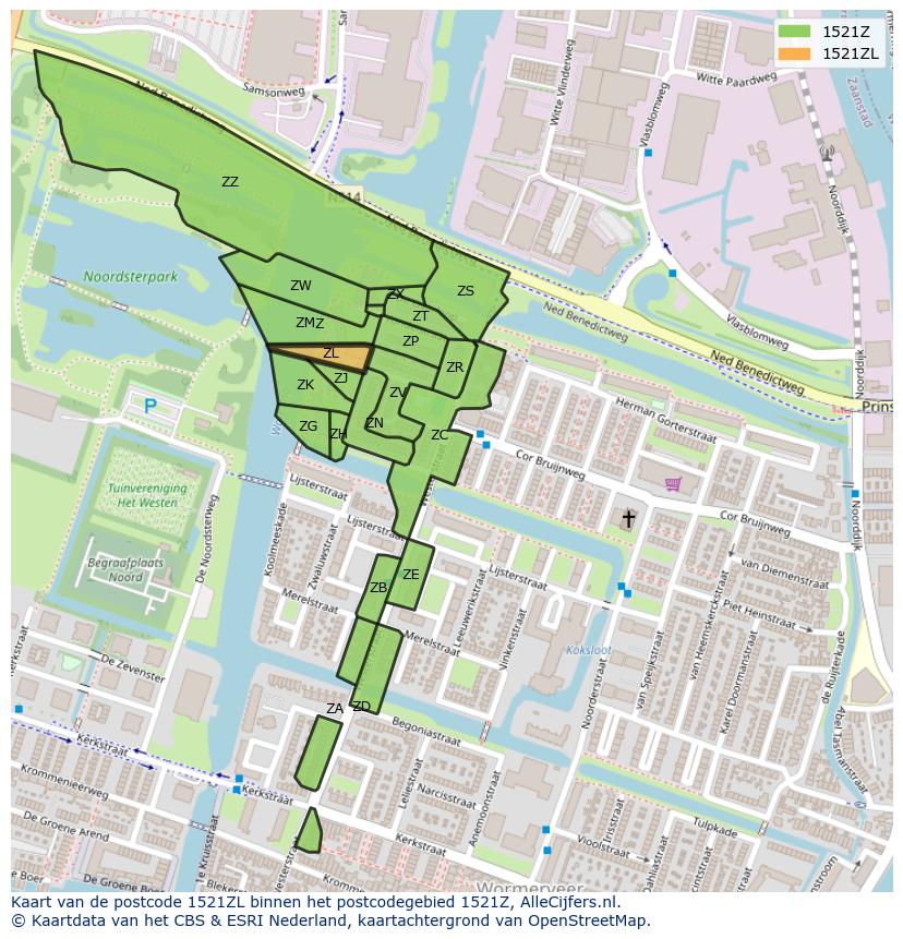 Afbeelding van het postcodegebied 1521 ZL op de kaart.