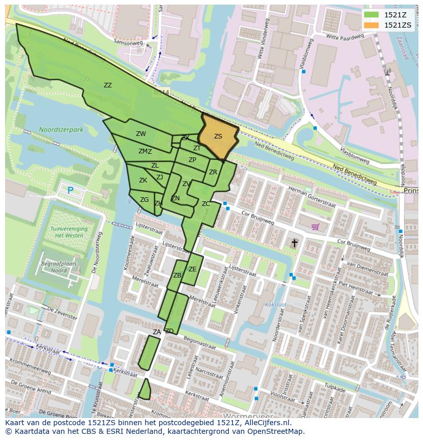 Afbeelding van het postcodegebied 1521 ZS op de kaart.
