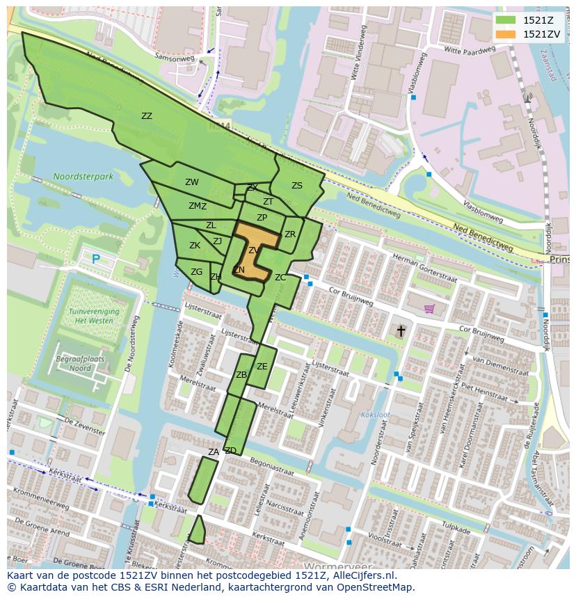 Afbeelding van het postcodegebied 1521 ZV op de kaart.