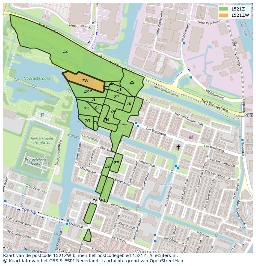 Afbeelding van het postcodegebied 1521 ZW op de kaart.