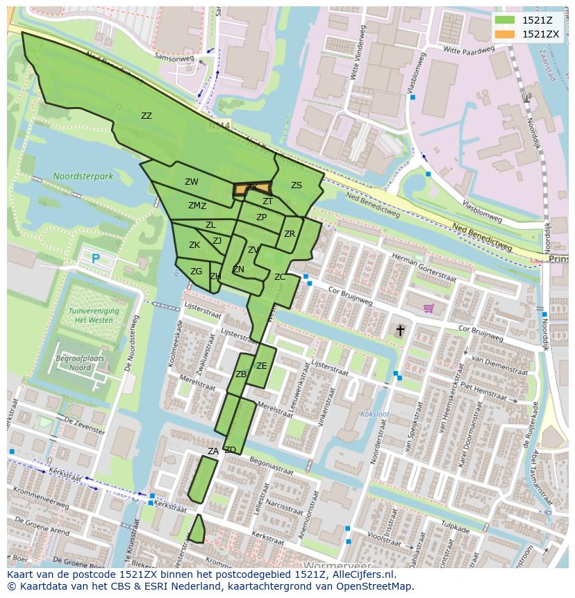 Afbeelding van het postcodegebied 1521 ZX op de kaart.