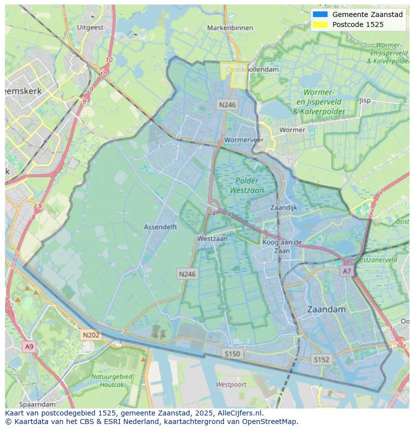 Afbeelding van het postcodegebied 1525 op de kaart.