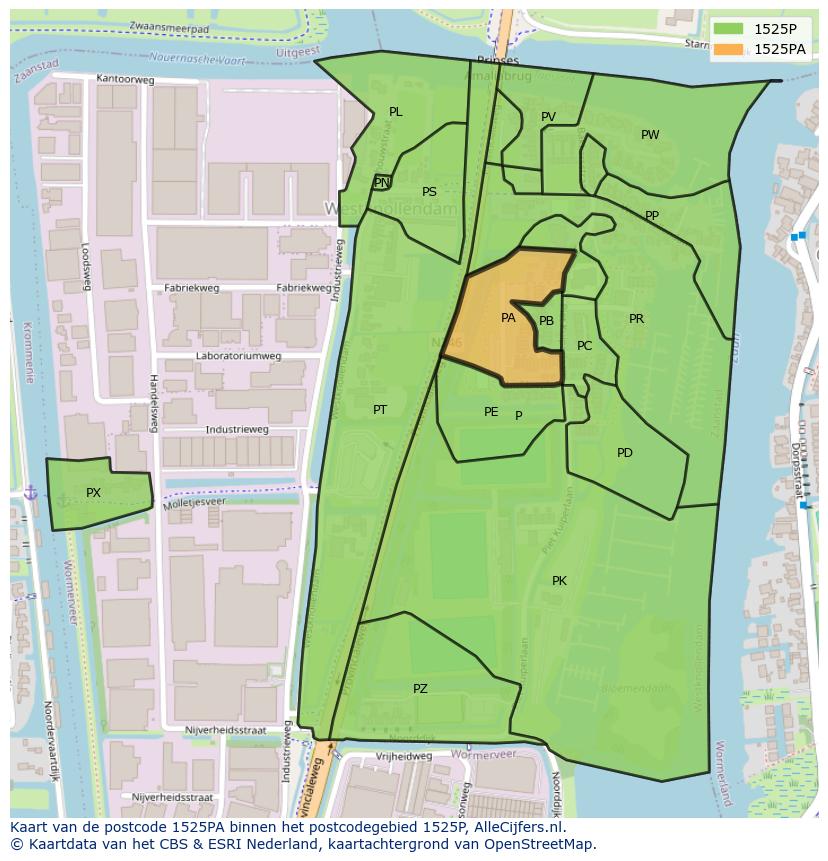 Afbeelding van het postcodegebied 1525 PA op de kaart.