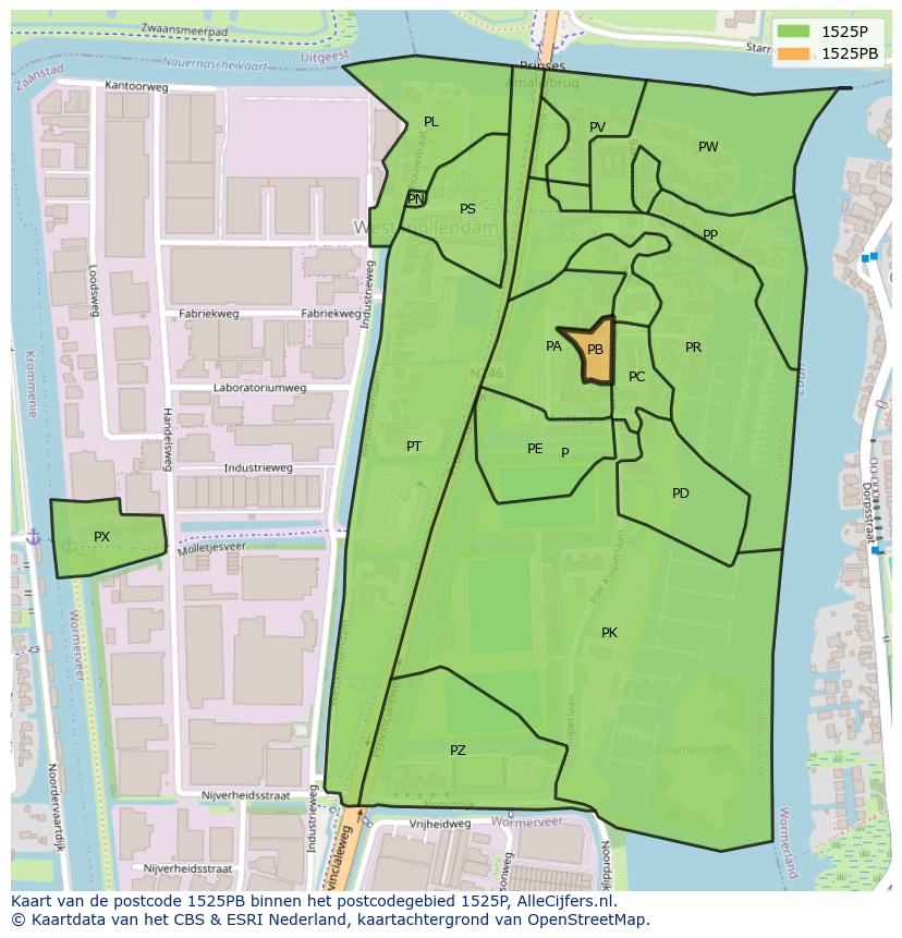 Afbeelding van het postcodegebied 1525 PB op de kaart.
