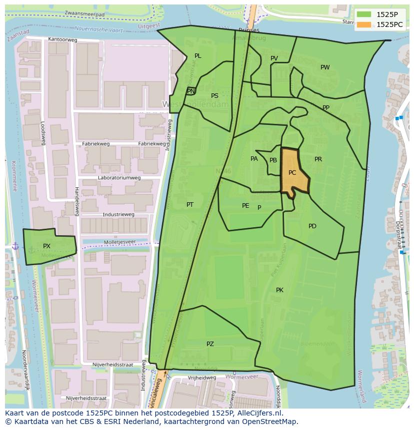 Afbeelding van het postcodegebied 1525 PC op de kaart.