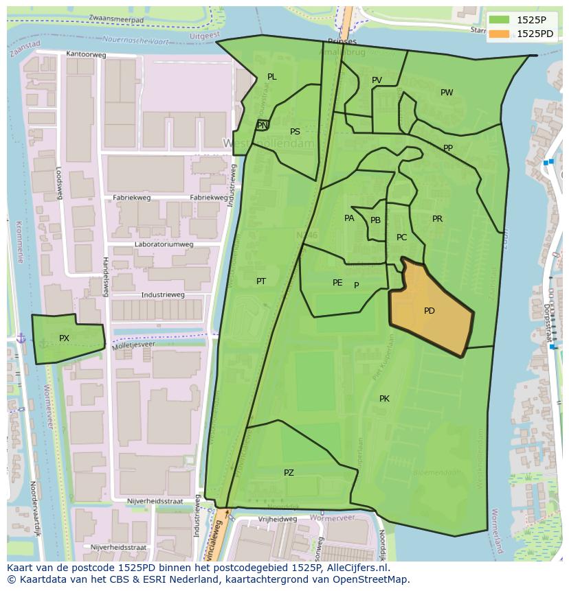 Afbeelding van het postcodegebied 1525 PD op de kaart.