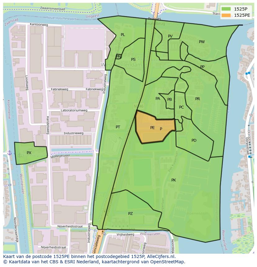 Afbeelding van het postcodegebied 1525 PE op de kaart.