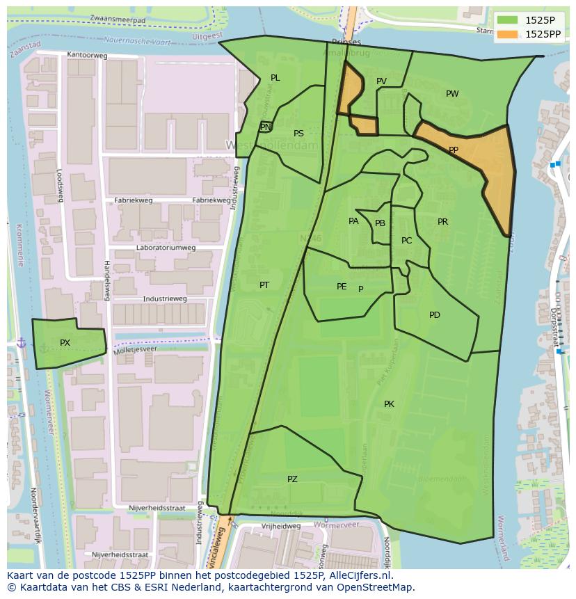 Afbeelding van het postcodegebied 1525 PP op de kaart.