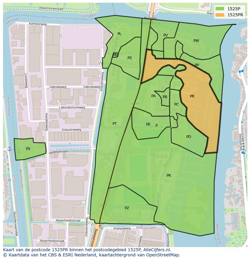 Afbeelding van het postcodegebied 1525 PR op de kaart.