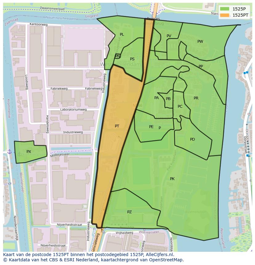 Afbeelding van het postcodegebied 1525 PT op de kaart.