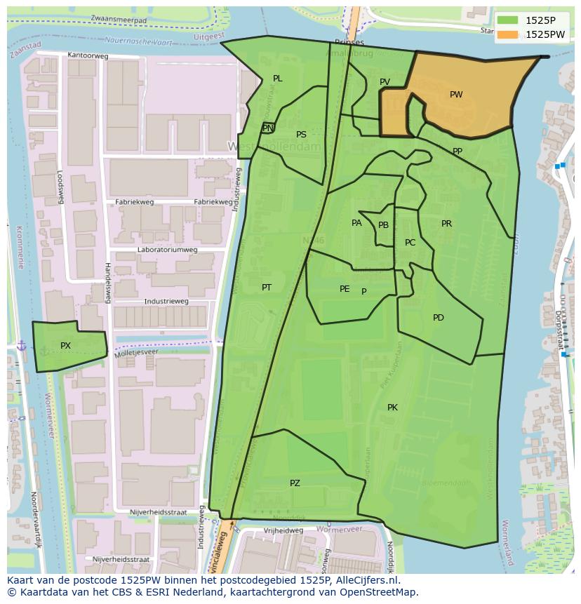 Afbeelding van het postcodegebied 1525 PW op de kaart.