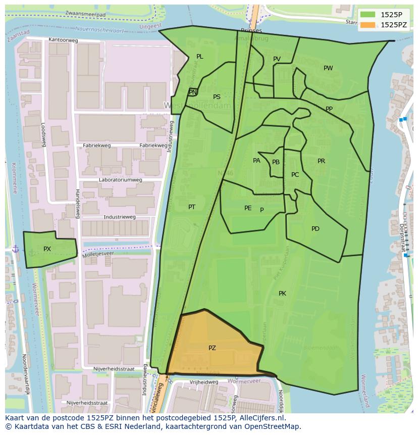 Afbeelding van het postcodegebied 1525 PZ op de kaart.