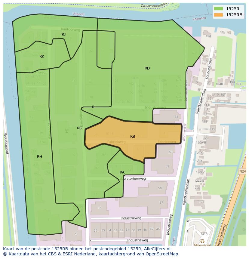 Afbeelding van het postcodegebied 1525 RB op de kaart.