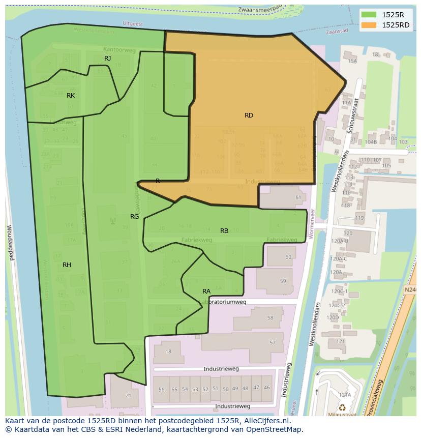 Afbeelding van het postcodegebied 1525 RD op de kaart.