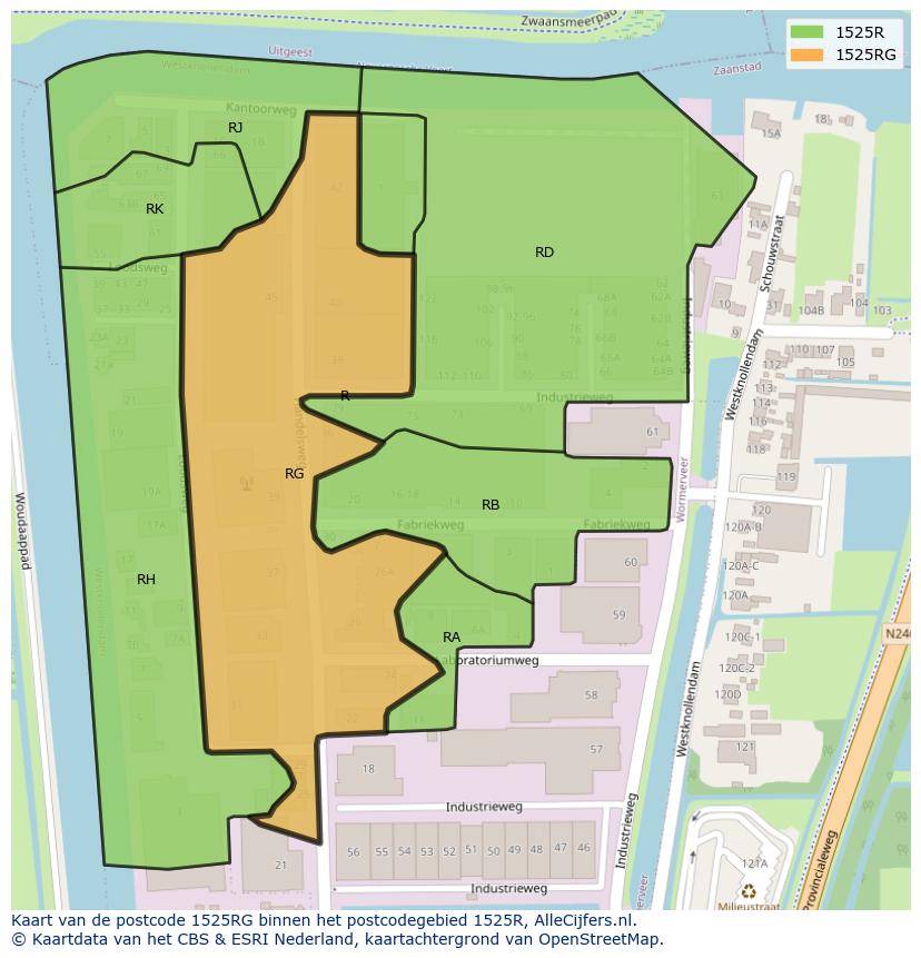 Afbeelding van het postcodegebied 1525 RG op de kaart.