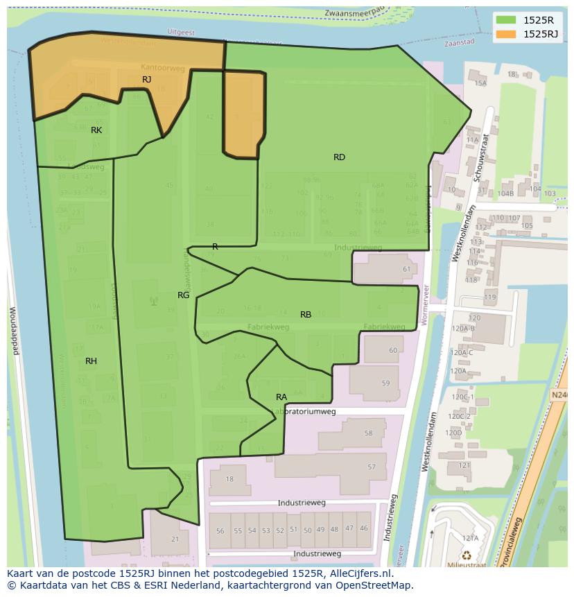 Afbeelding van het postcodegebied 1525 RJ op de kaart.